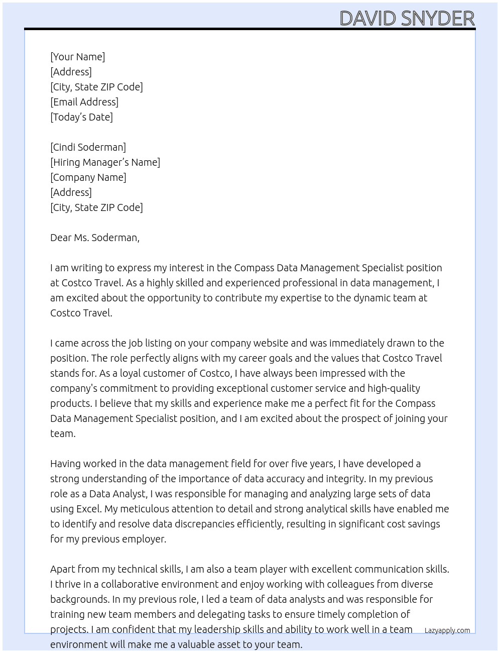 Compass Data Management Specialist At Costco Travel Cover Letter