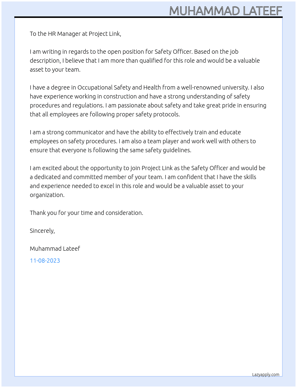Safety Officer  At Project Link Cover Letter