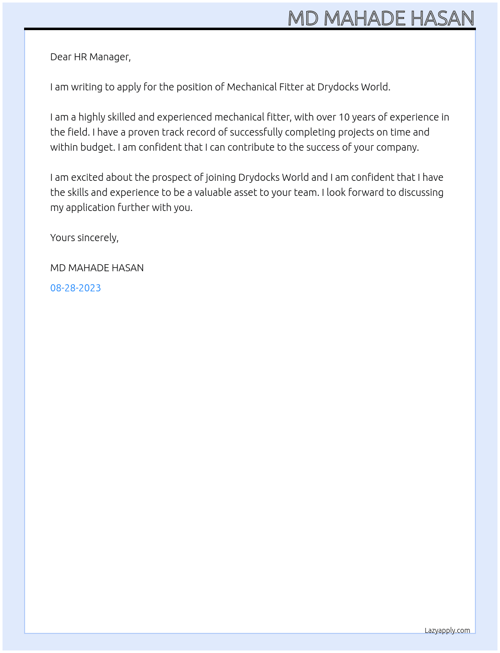Mechanical Fitter  At Drydocks World Cover Letter