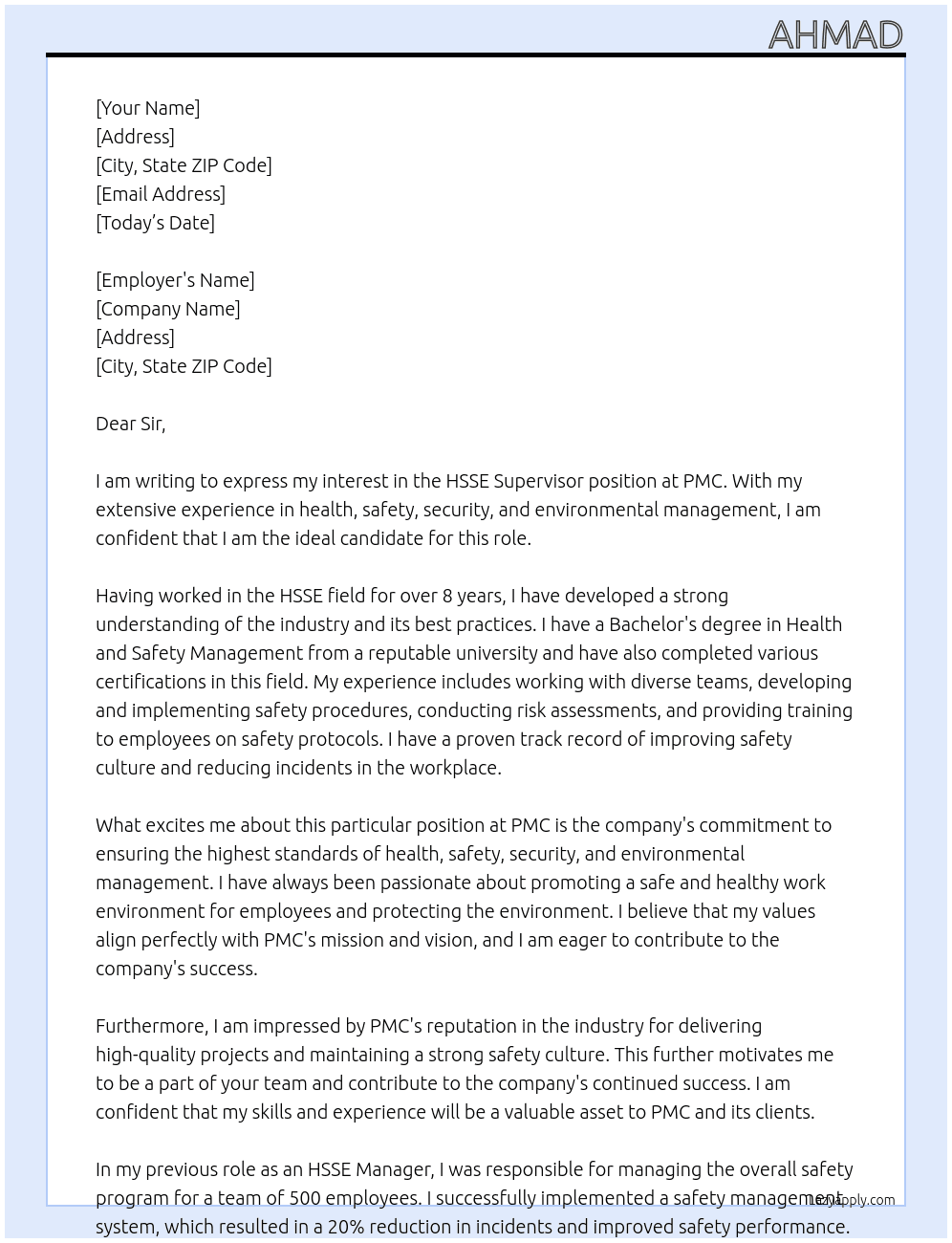 HSSE Supervisor At PMC Cover Letter