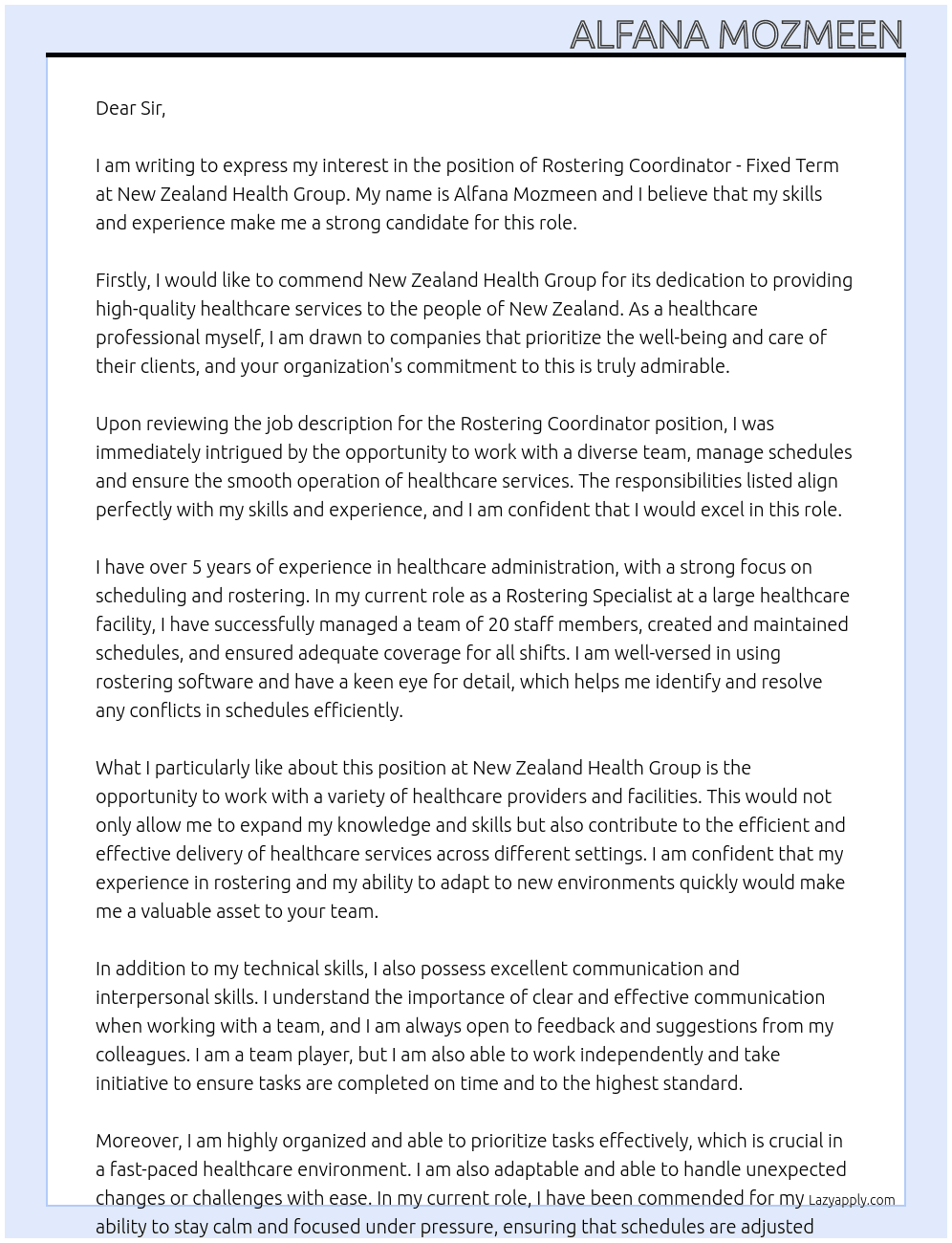 Rostering Coordinator - Fixed Term At New Zealand Health Group Cover Letter