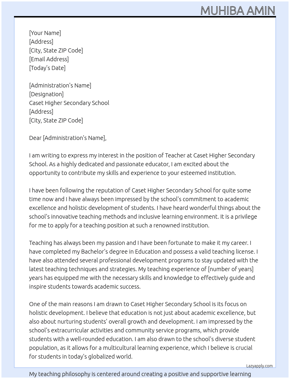 Teacher At Caset higher secondary school Cover Letter