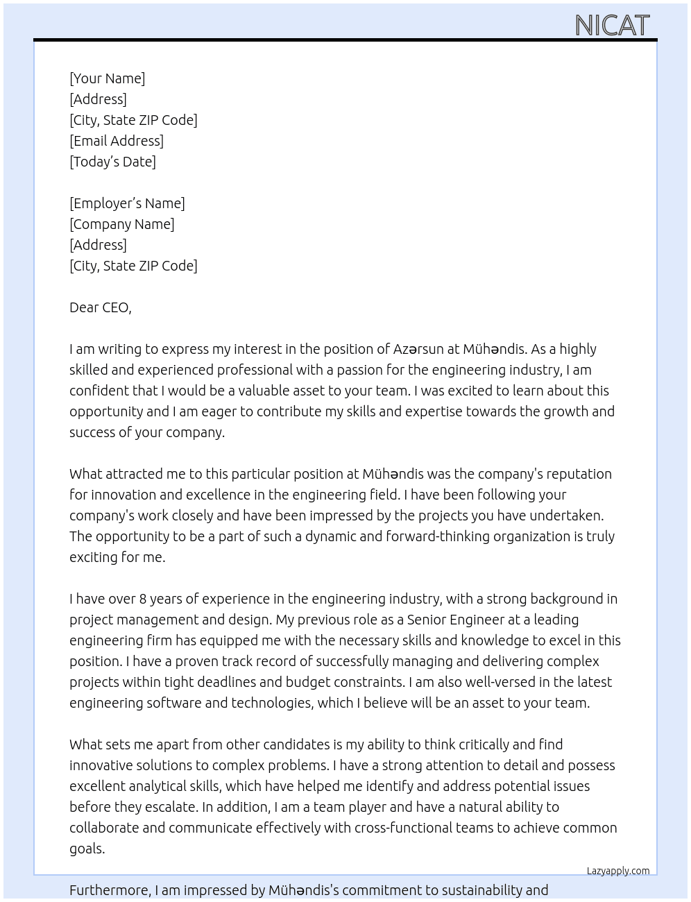 Azərsun  At Mühəndis  Cover Letter