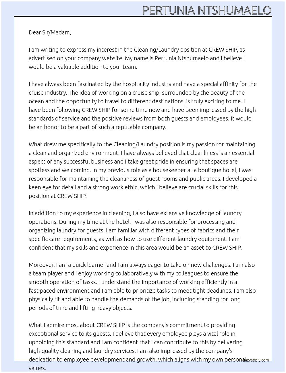 Cleaning/ Laundry  At CREW SHIP  Cover Letter