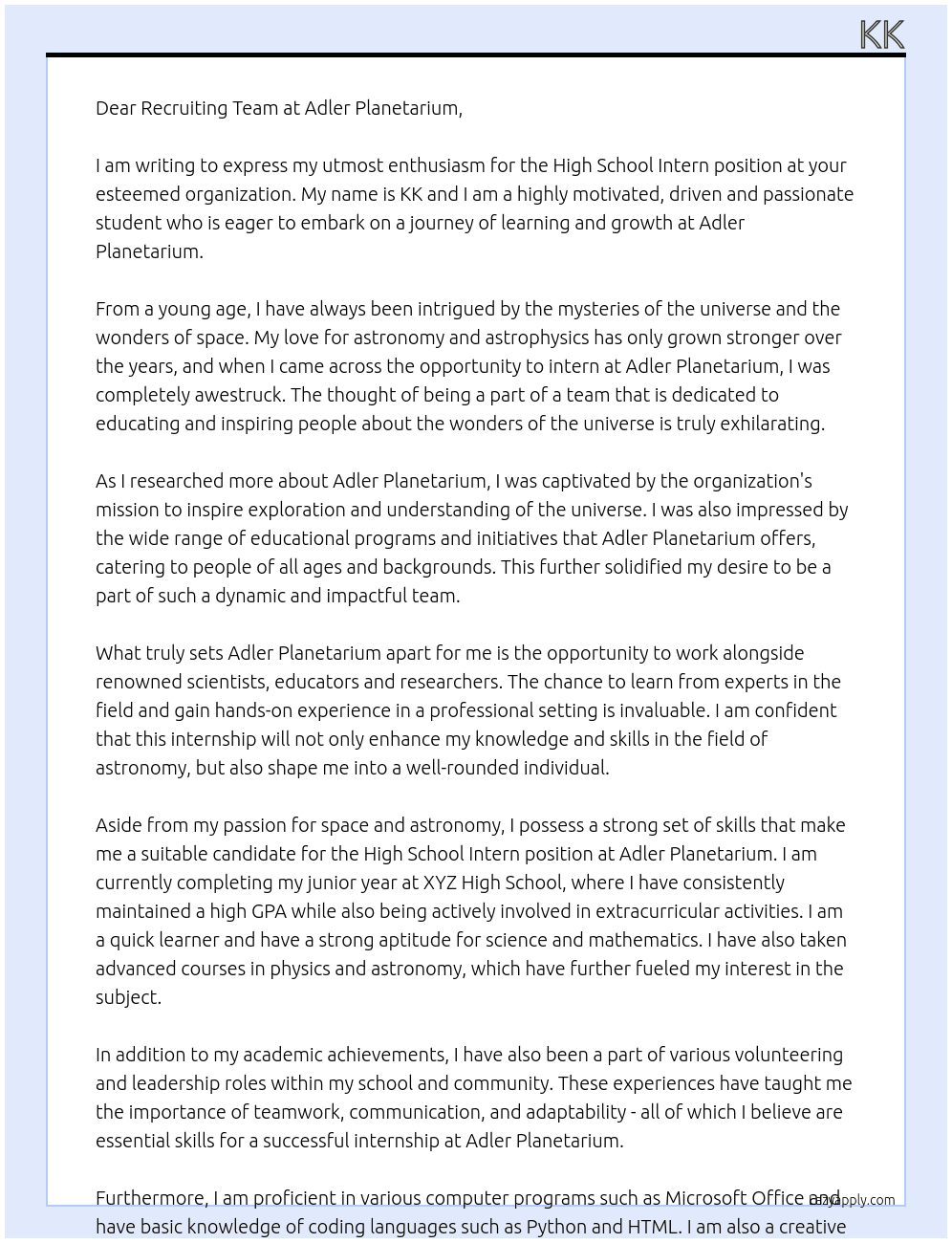 Cover letter for high school intern - LazyApply