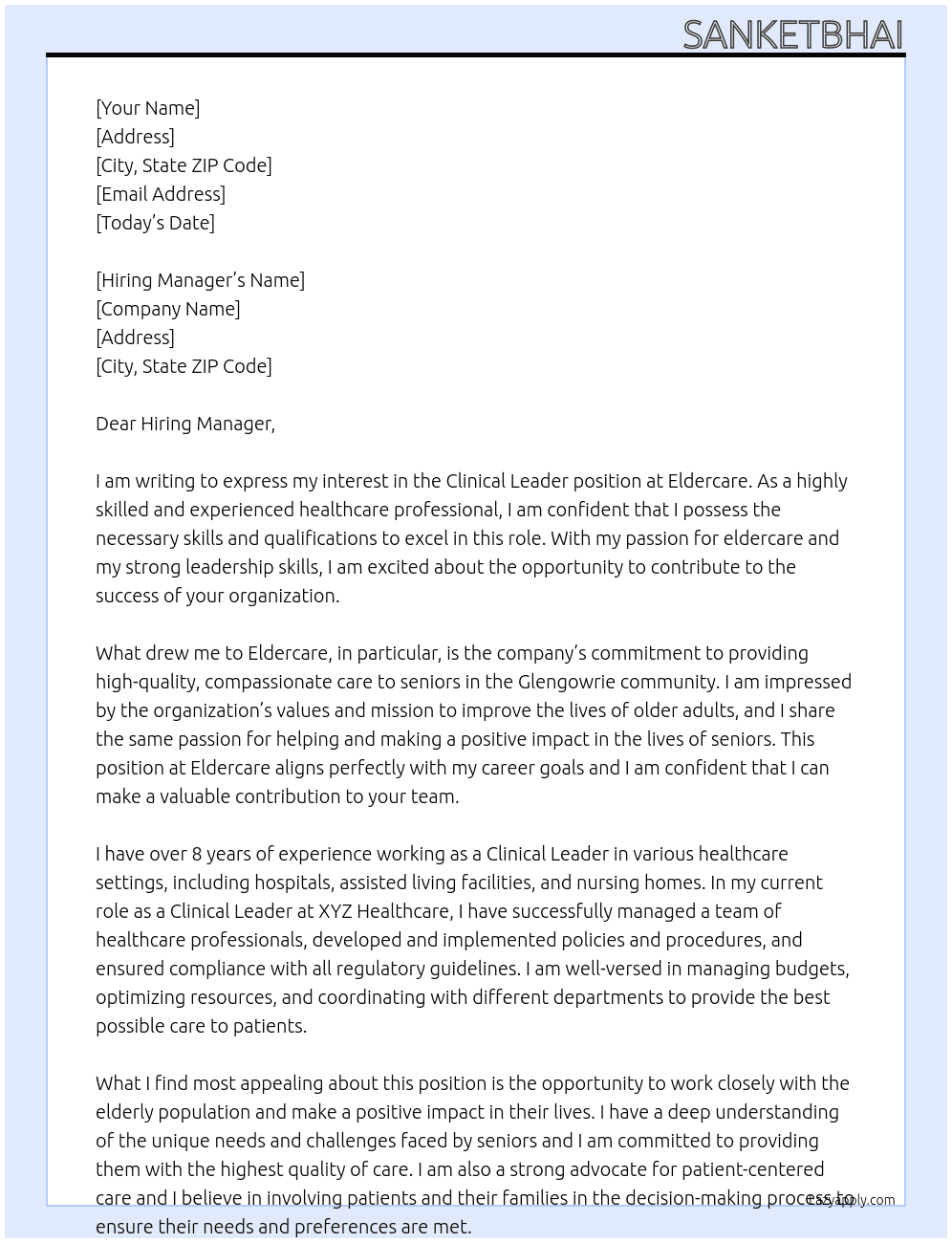 Clinical Leader At Eldercare Cover Letter
