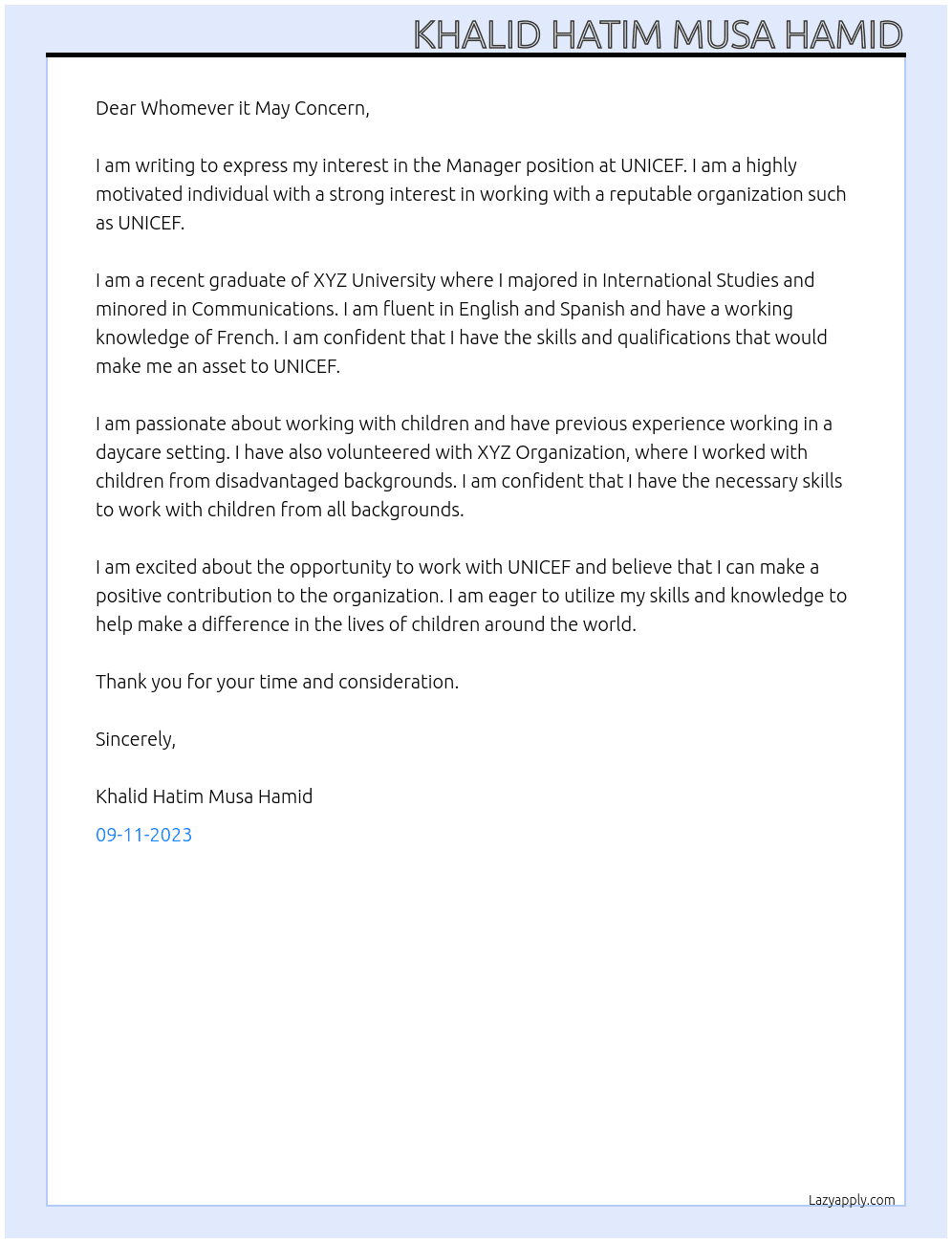 Manger At UNICEF Cover Letter