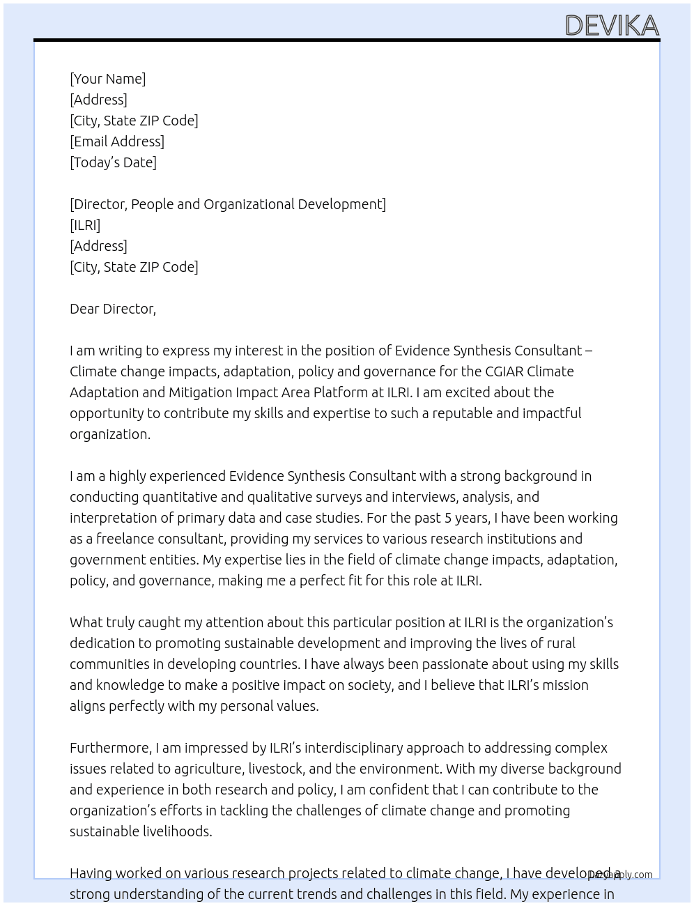 Evidence Synthesis Consultant – Climate change impacts, adaptation, policy and governance for the CGIAR Climate Adaptation and Mitigation Impact Area Platform At ILRI  Cover Letter