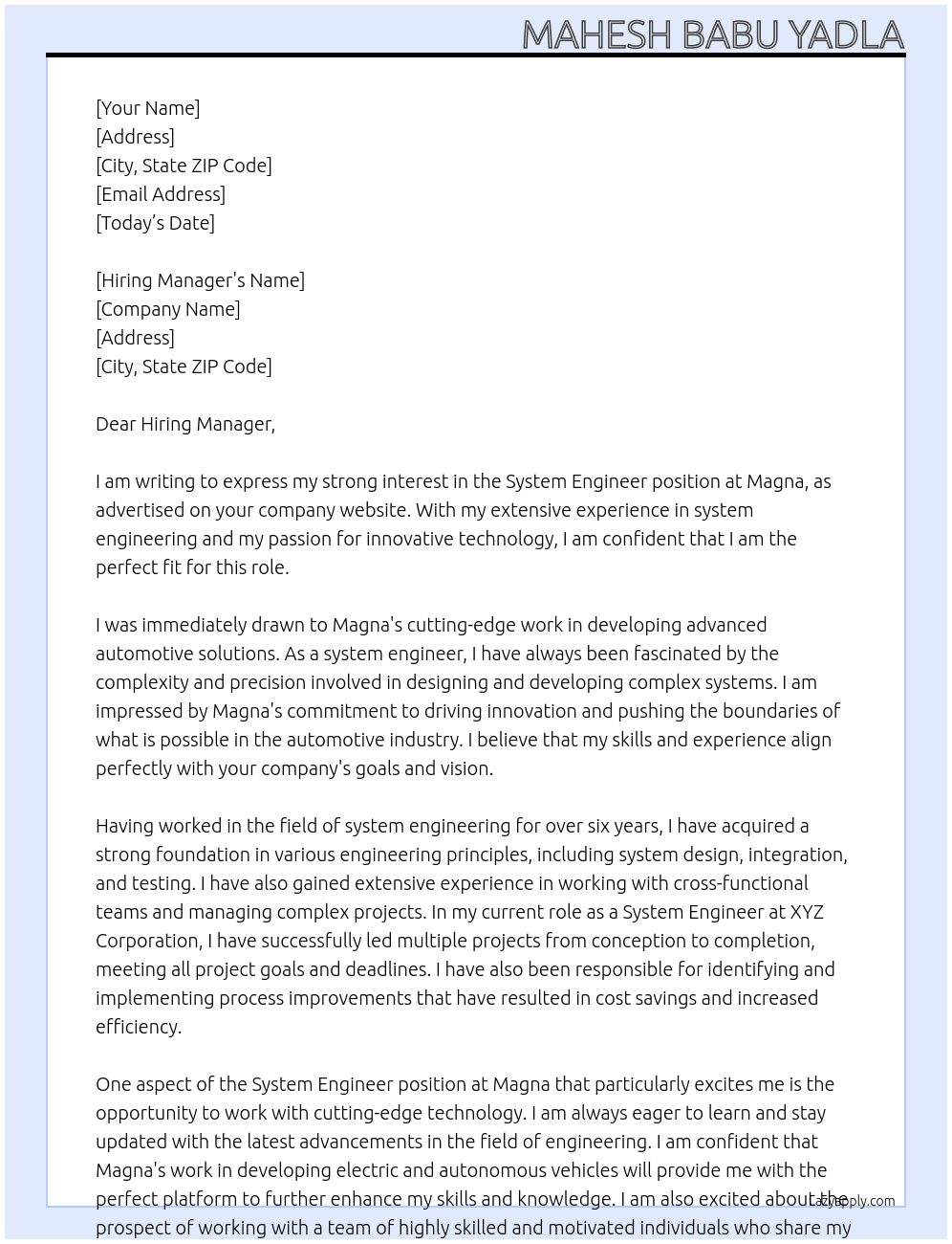 System engineer At Magna Cover Letter