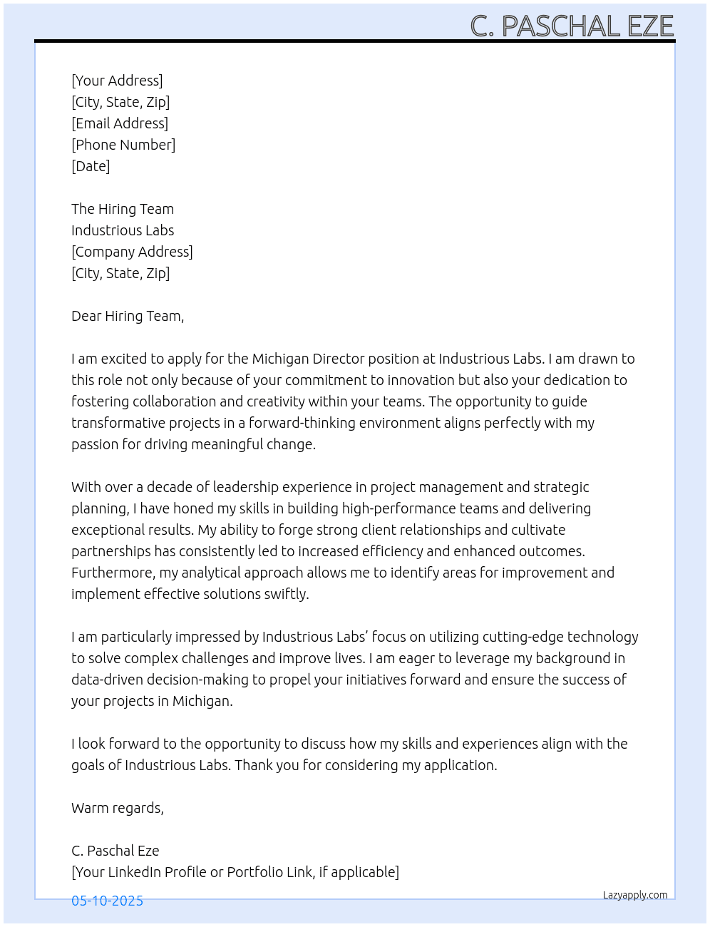 Michigan Director At Industrious Labs Cover Letter
