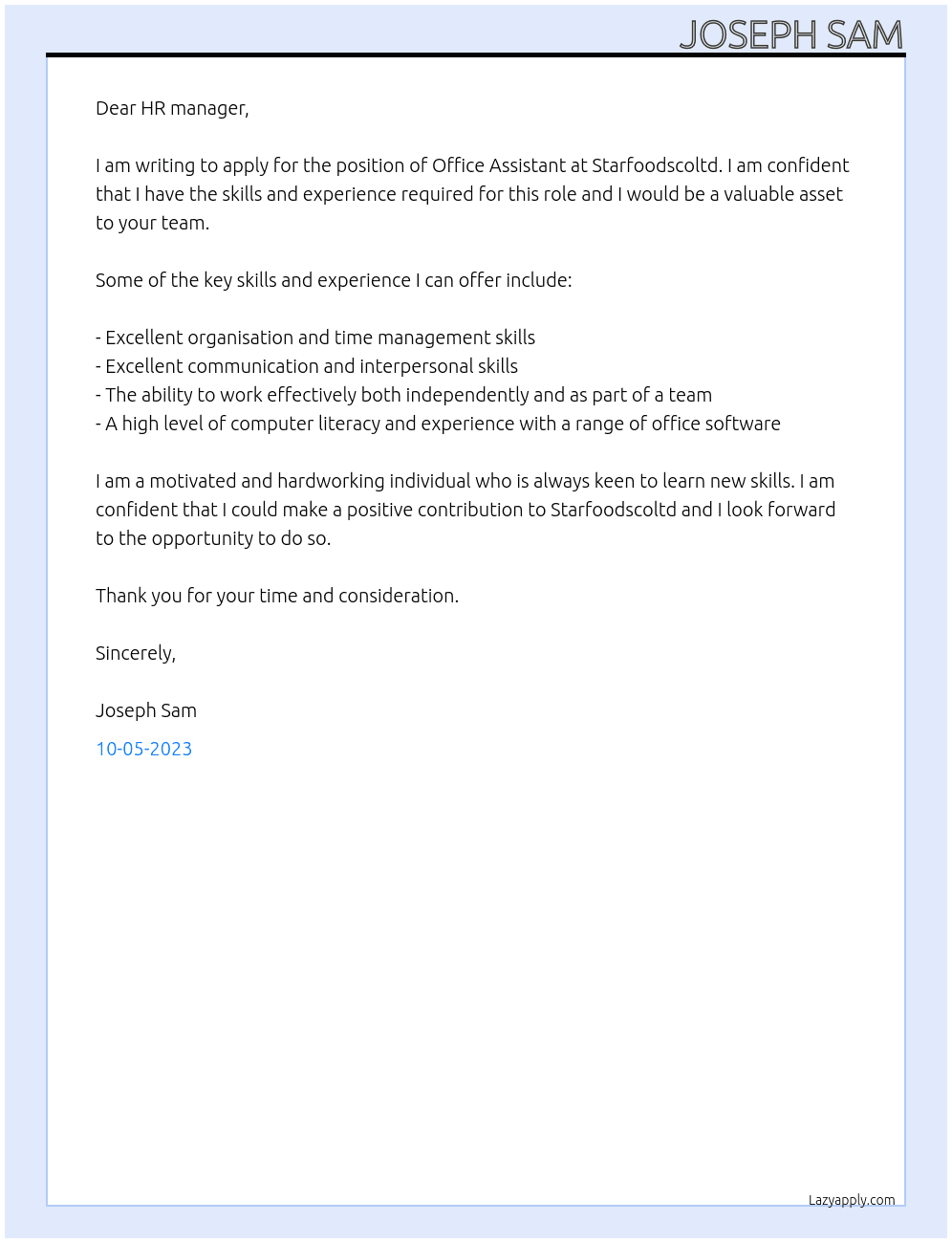 Office Assistant  At Starfoodscoltd Cover Letter