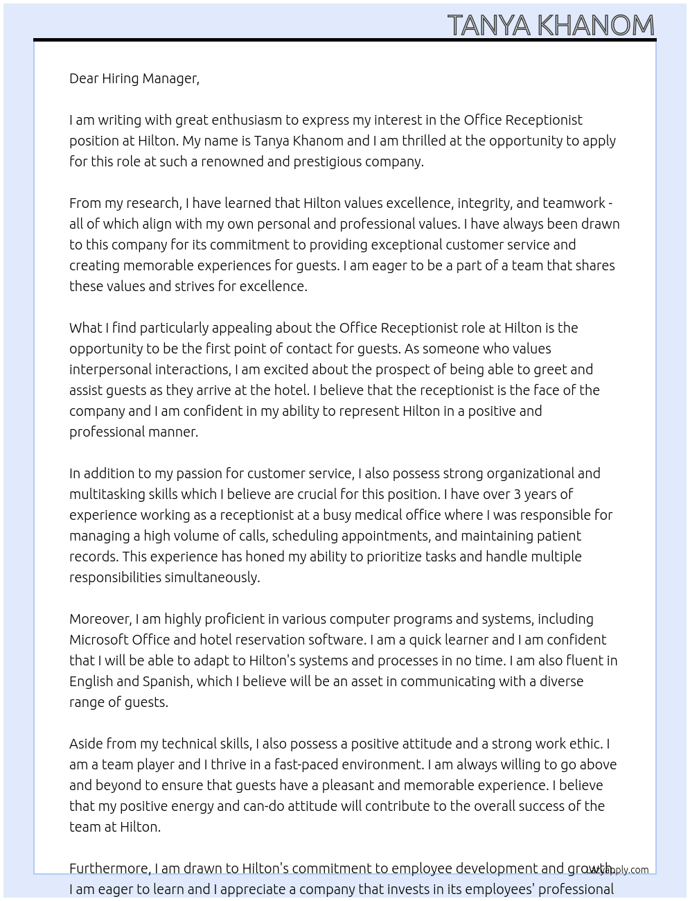 Office Receptionist  At Hilton Cover Letter