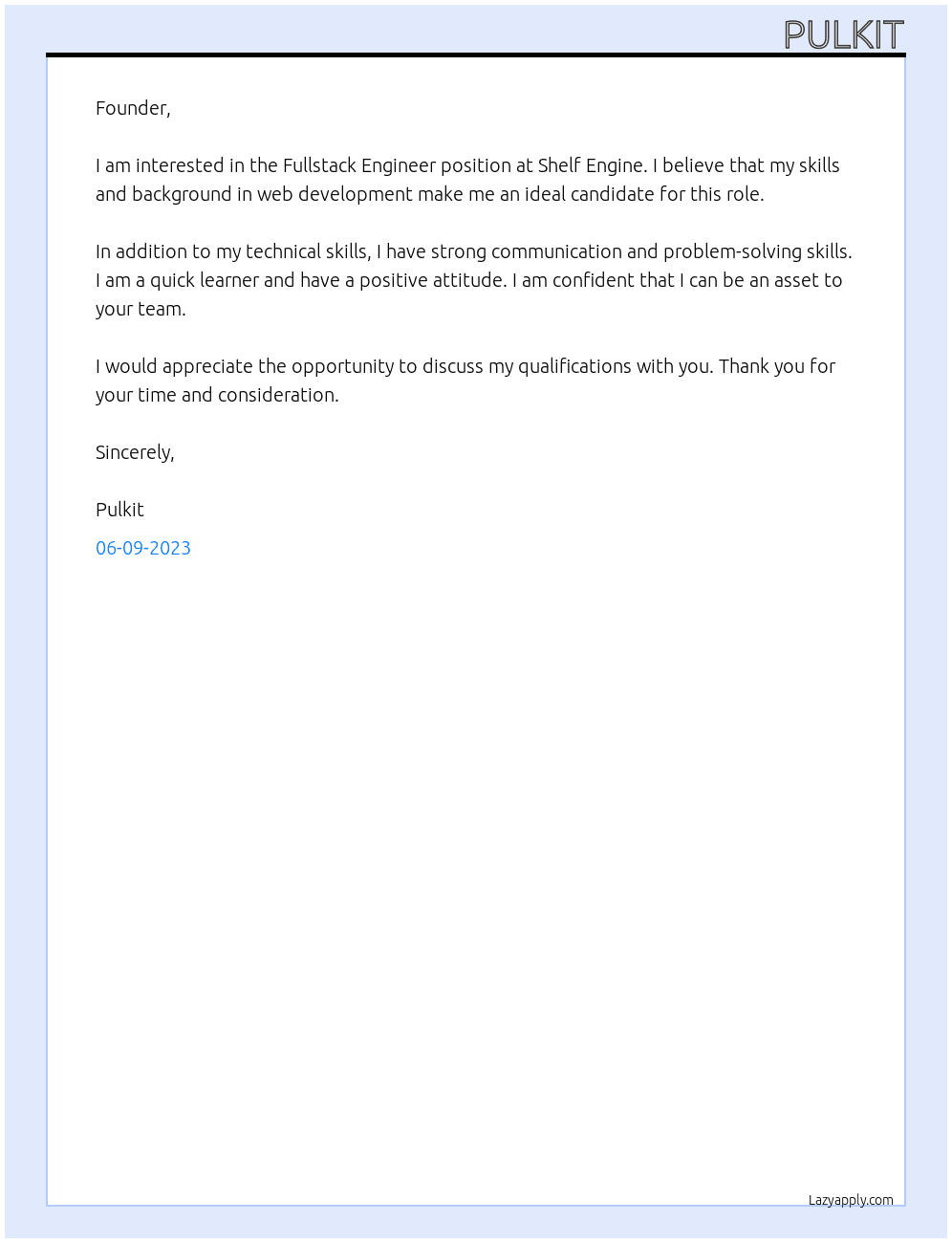 Fullstack Engineer At Shelf Engine Cover Letter