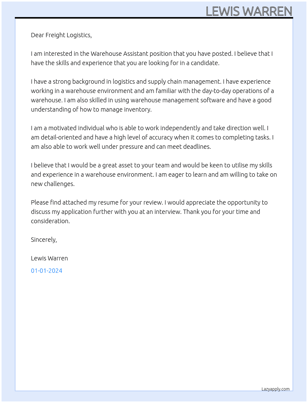 Warehouse Assistant At Freight Logistics Cover Letter