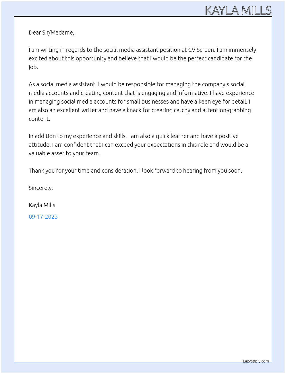 social media assitant At CV Screen Cover Letter