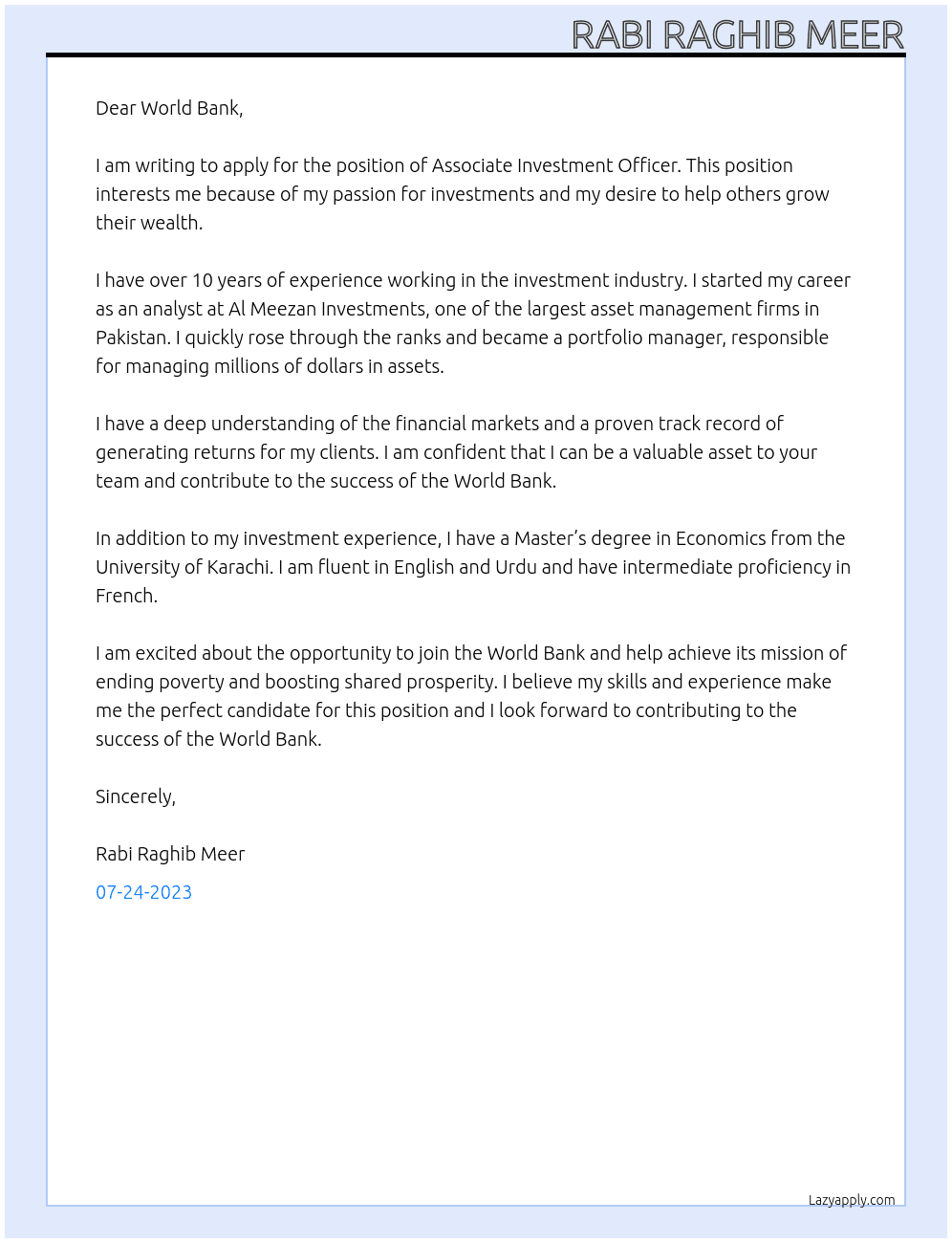 (Associate)Investment Officer At Al Meezan Investments  Cover Letter