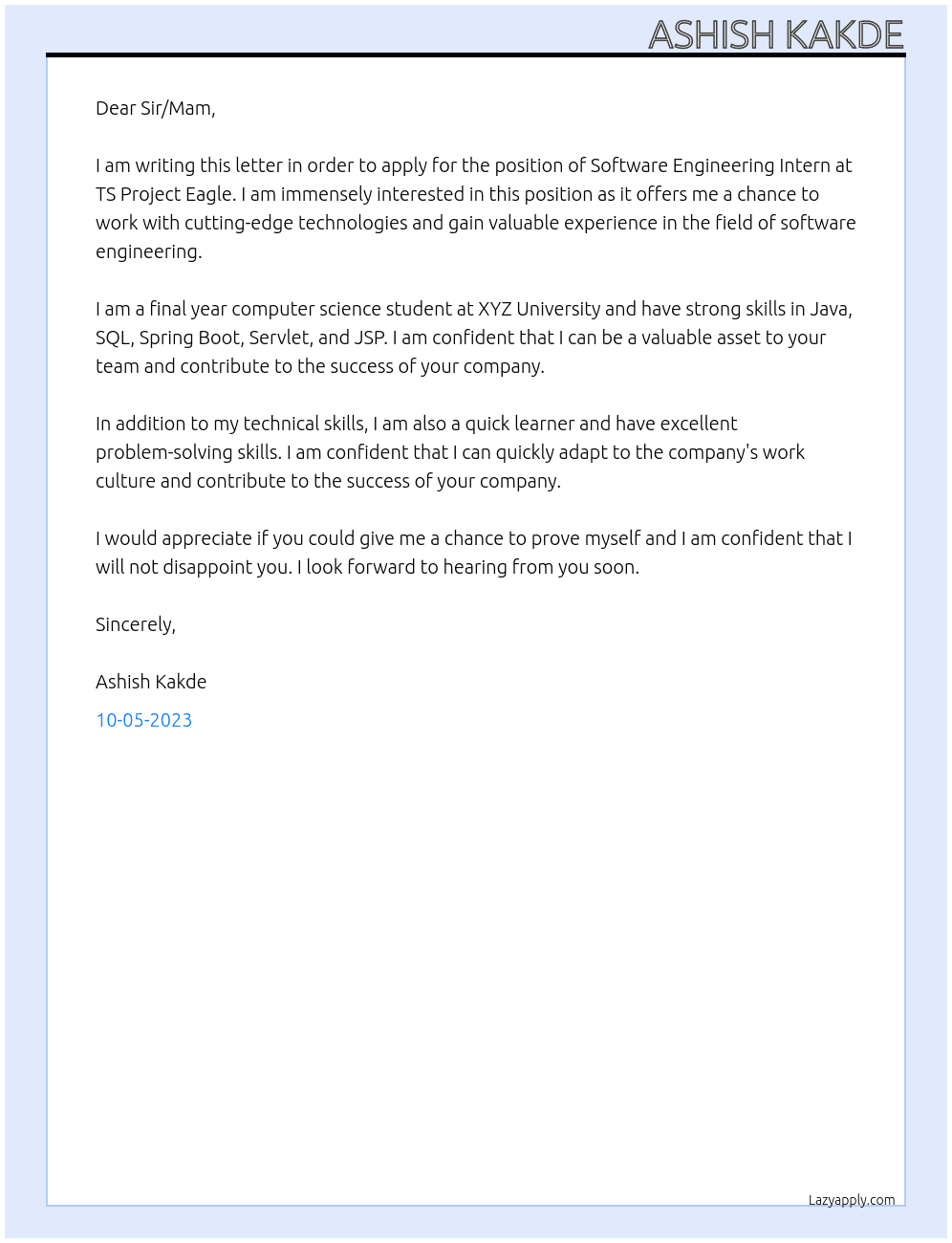 Software Engineering Intern At  TS Project Eagle  Cover Letter