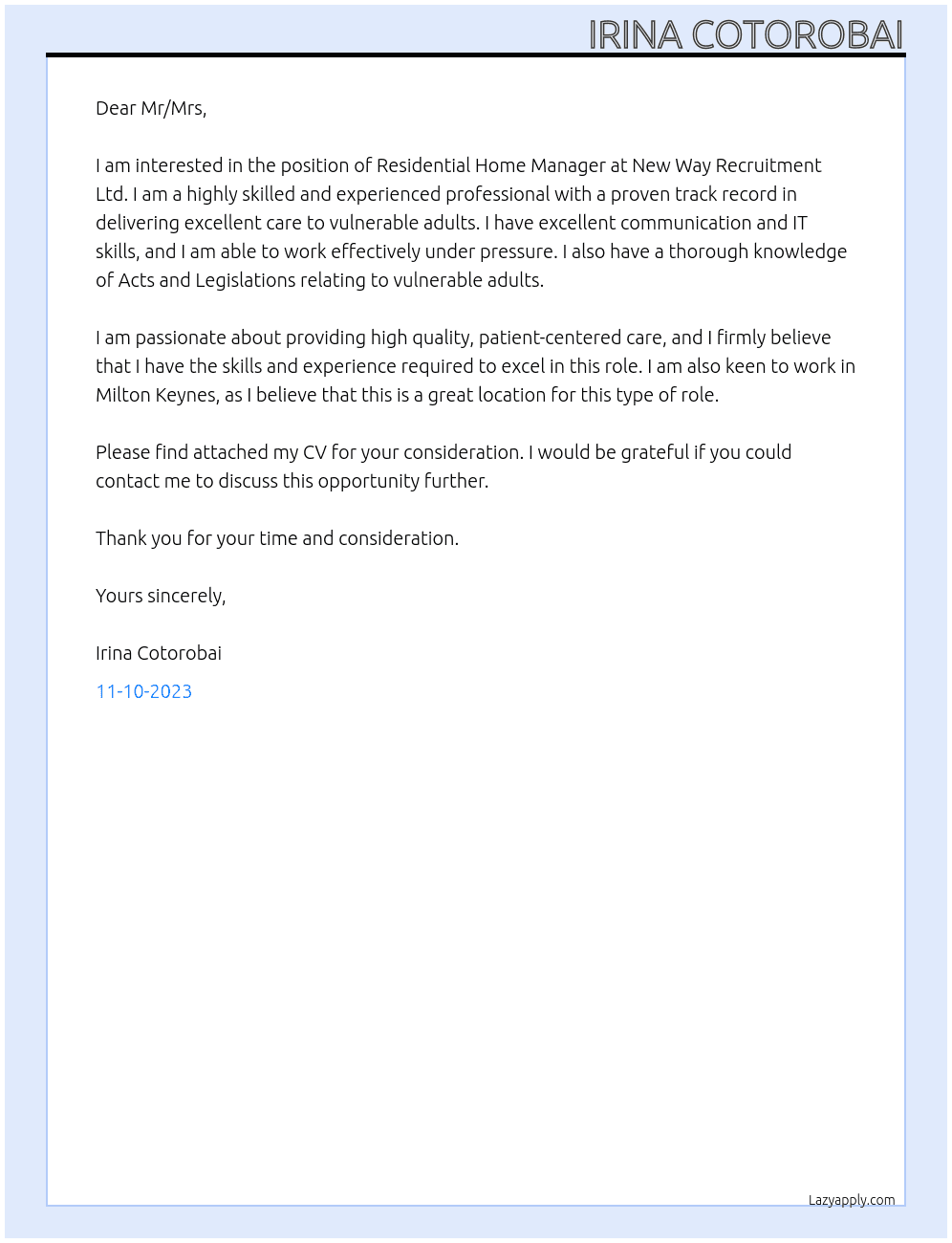 Residential home manager At New way recruitment Ltd Cover Letter