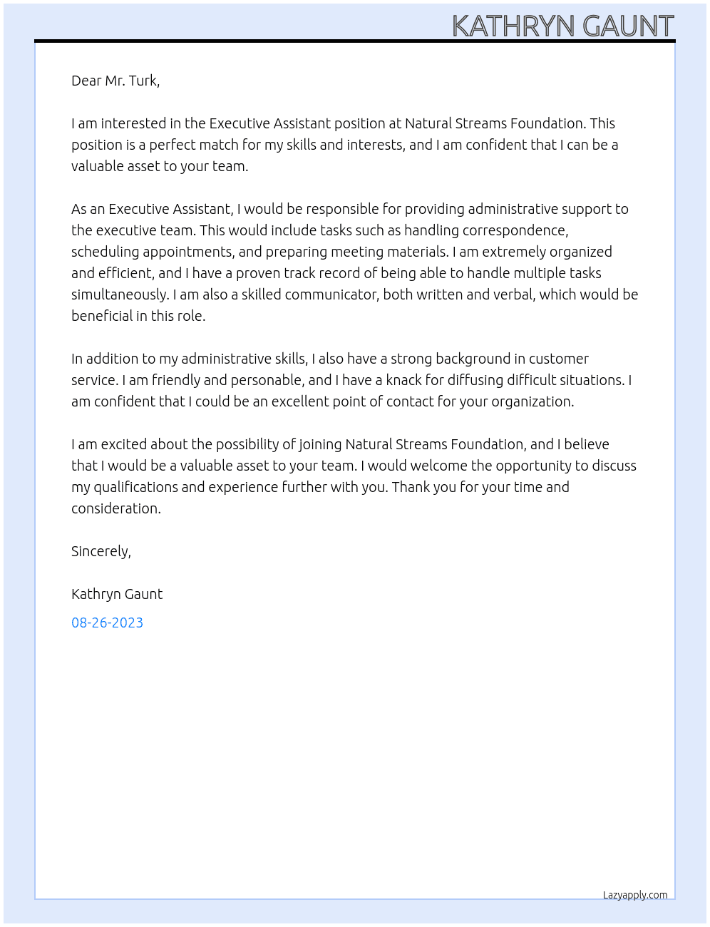 Executive Assistant At Natural Streams Foundation Cover Letter