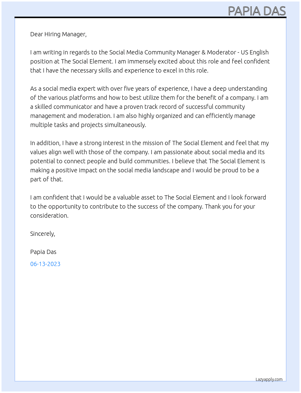 Social Media Community Manager & Moderator - US English  At  The Social Element Cover Letter