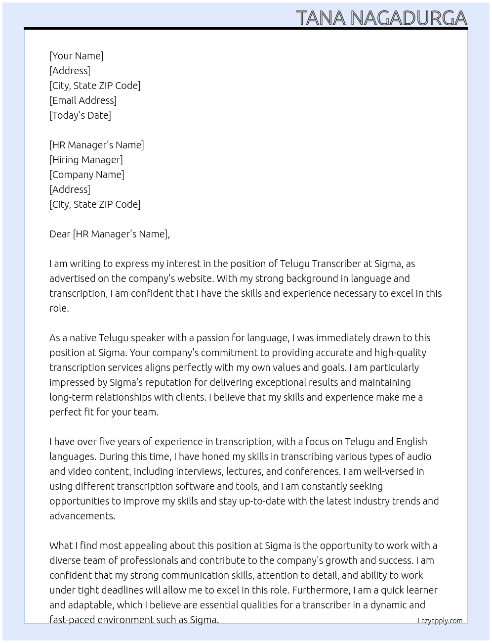 Telugu transcriber At Sigma  Cover Letter