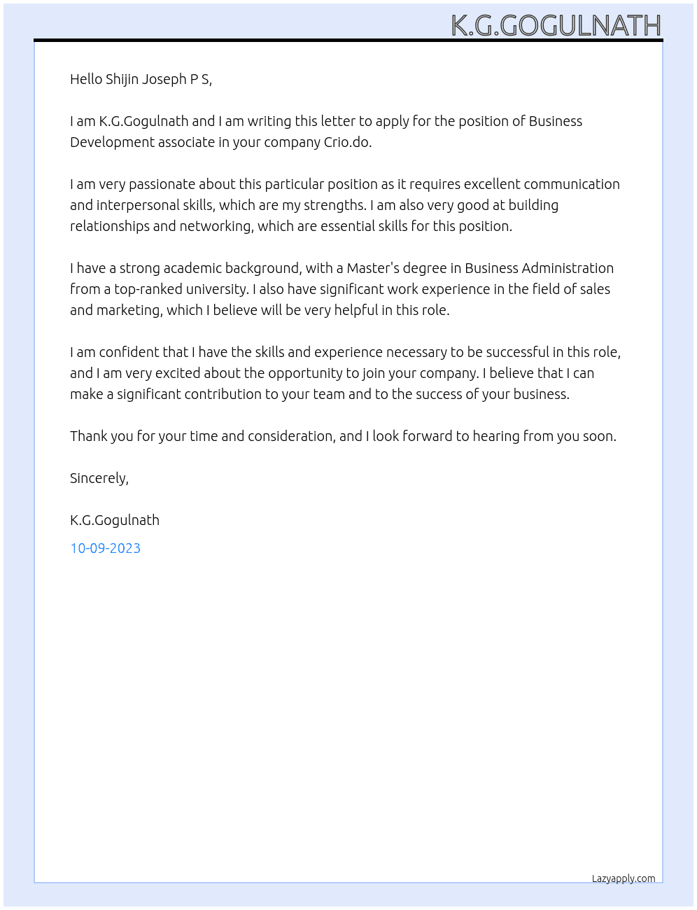 Buisness Development associate  At Crio.do Cover Letter