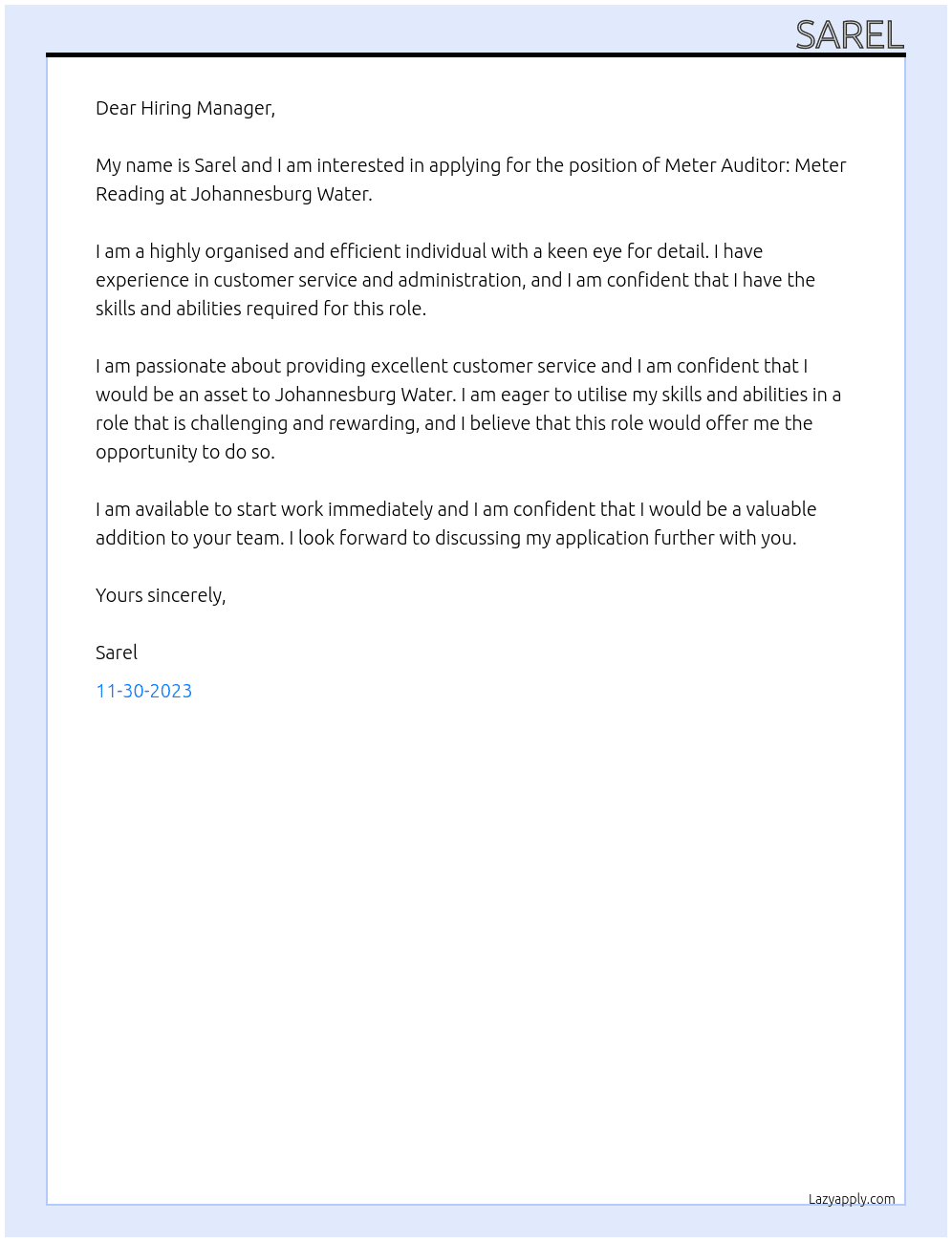 METER AUDITOR: METER READING At Johannesburg Water  Cover Letter