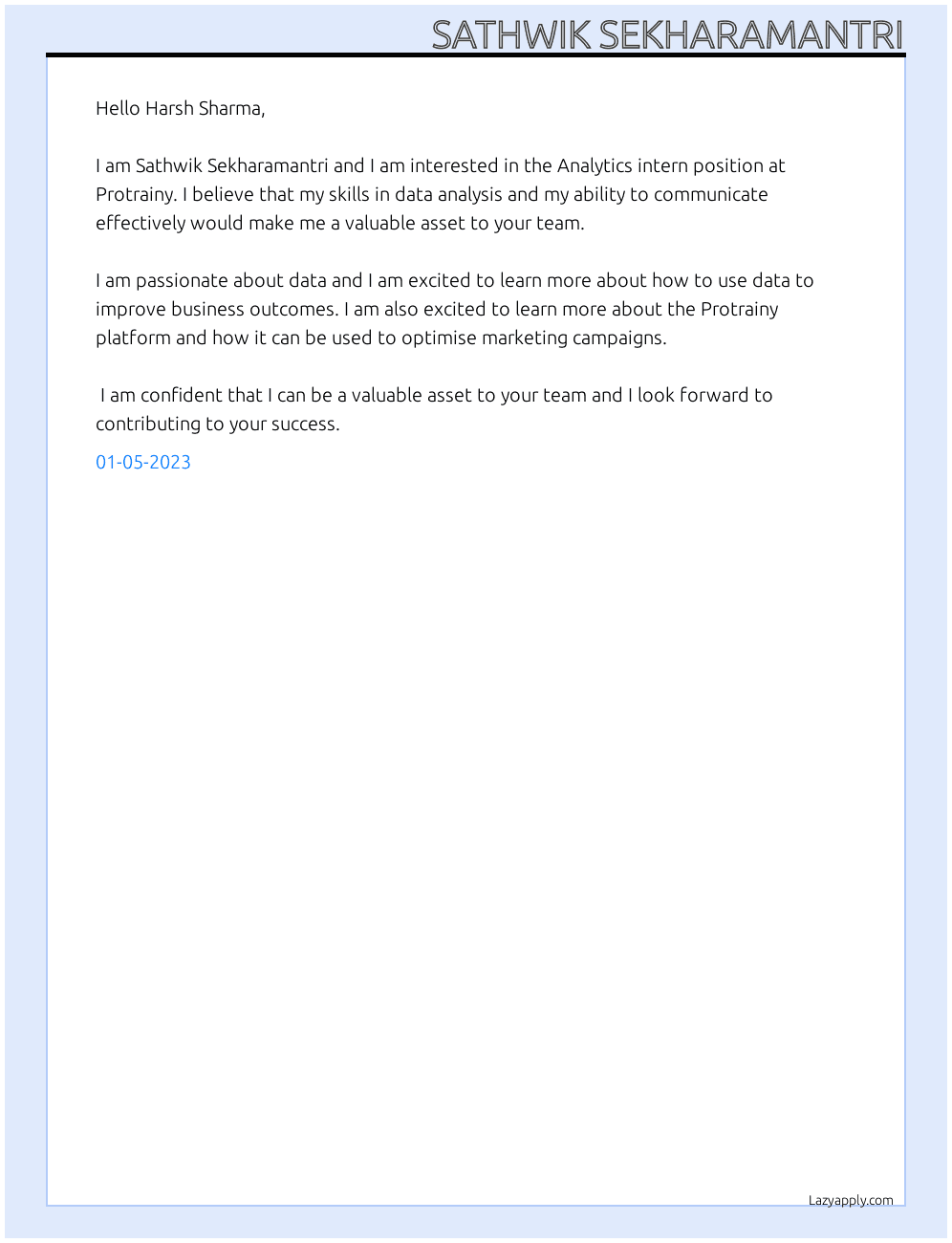 Analytics intern At Protrainy Cover Letter