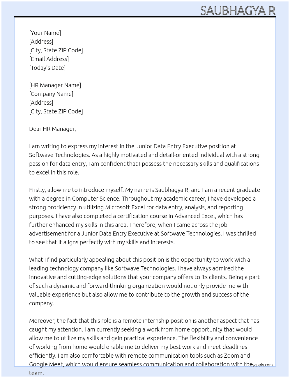 Junior Data Entry Executive  At Softwave Technologies  Cover Letter