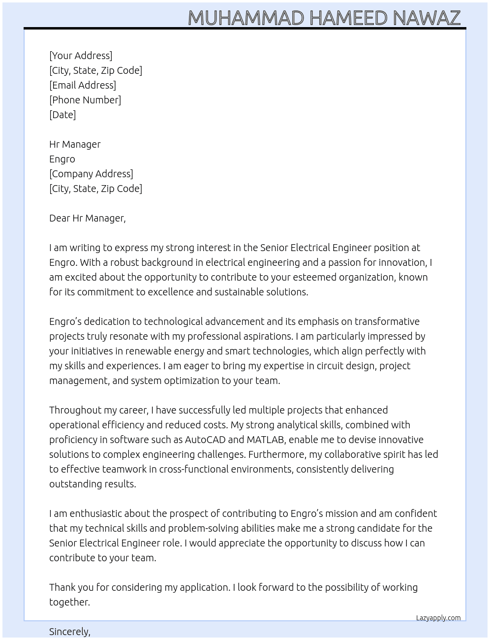 Senior Electrical Engineer At Engro Cover Letter