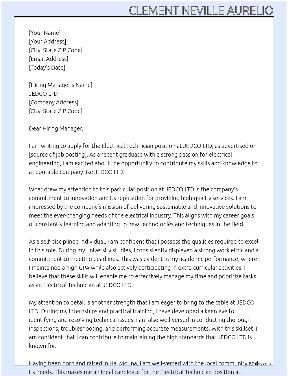 Electrical Technician At JEDCO LTD Cover Letter