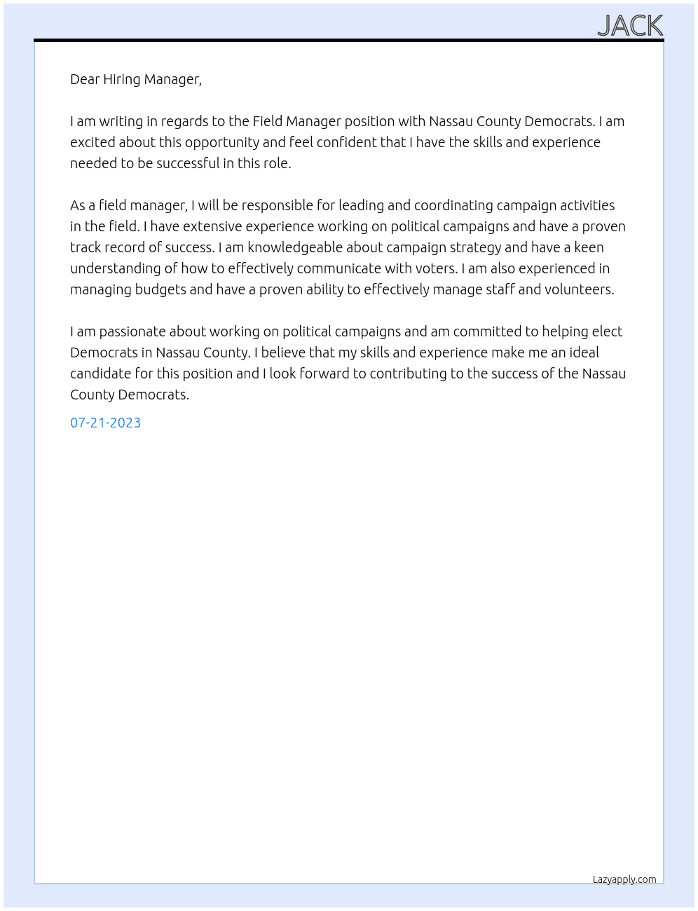Field Manager At Nassau County Democrats  Cover Letter