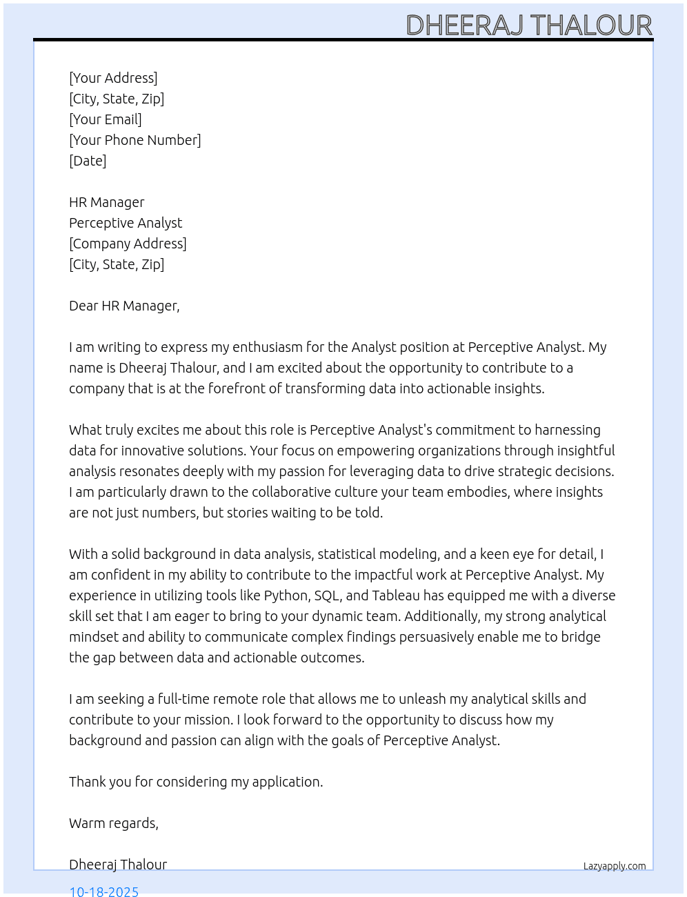 Analyst At Perceptive analyst Cover Letter