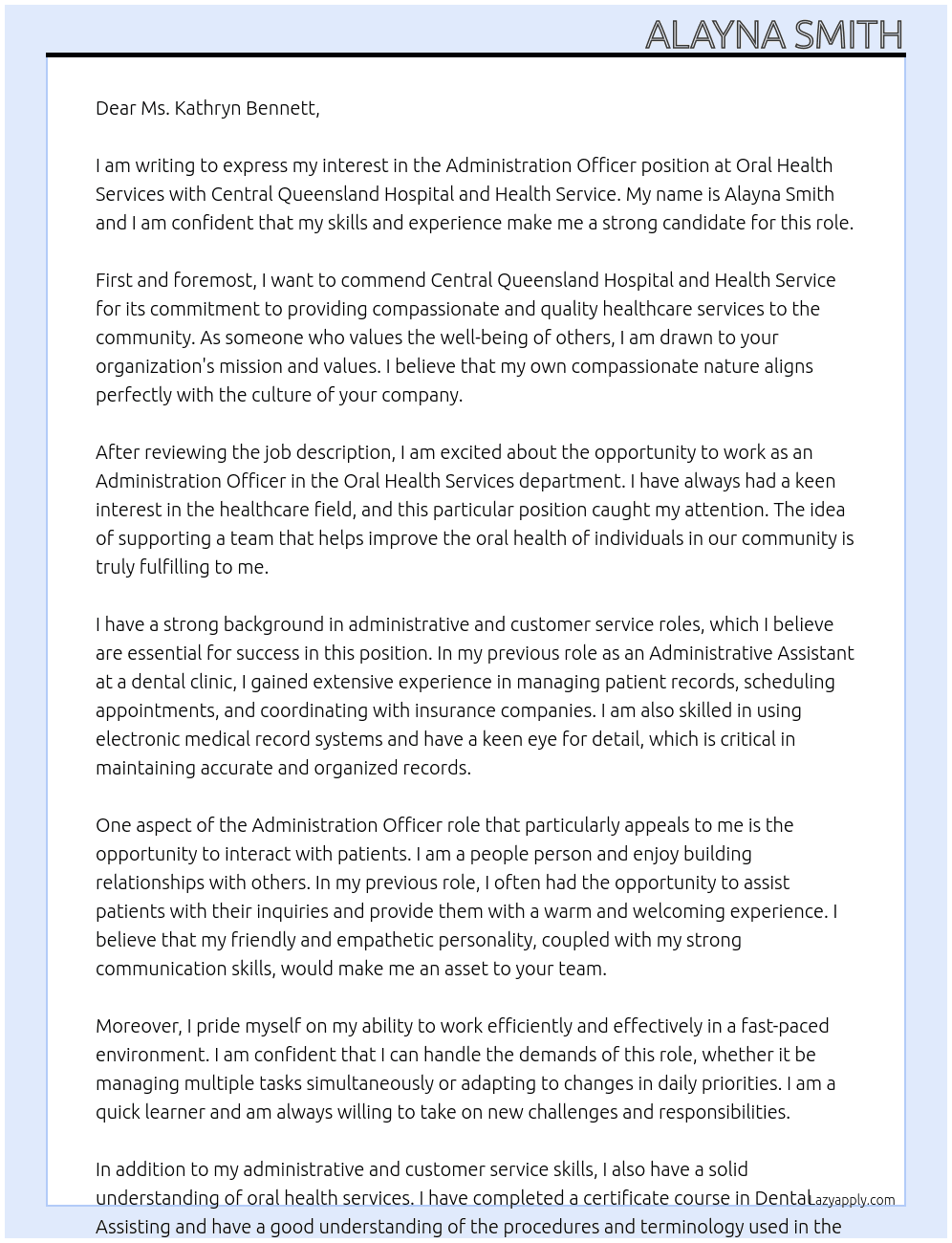 Administration Officer - Oral Health Services  At Central Queensland Hospital and Health Service Cover Letter