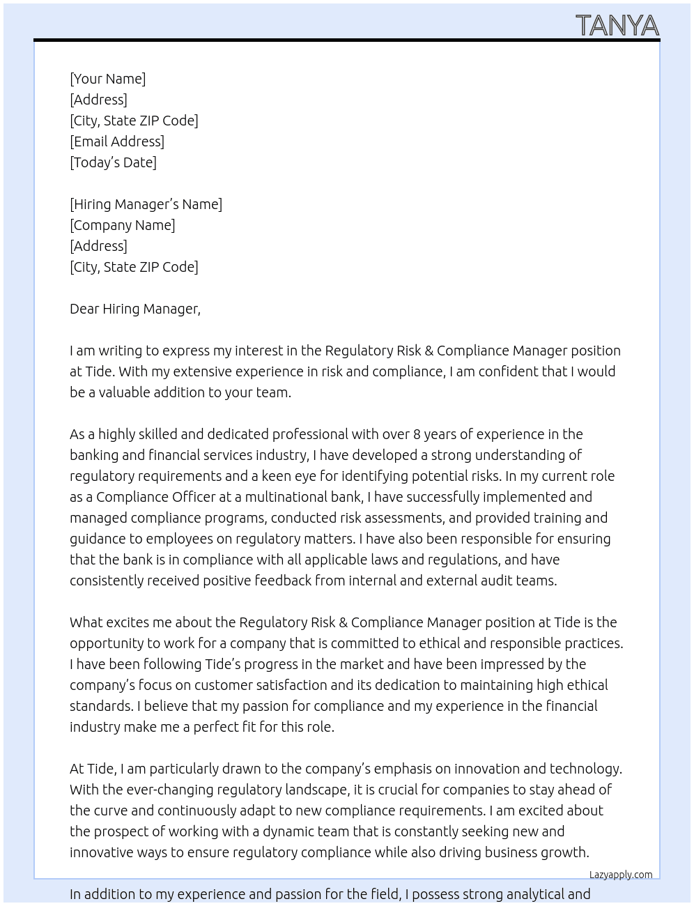 Regulatory Risk & Compliance Manager At Tide Cover Letter