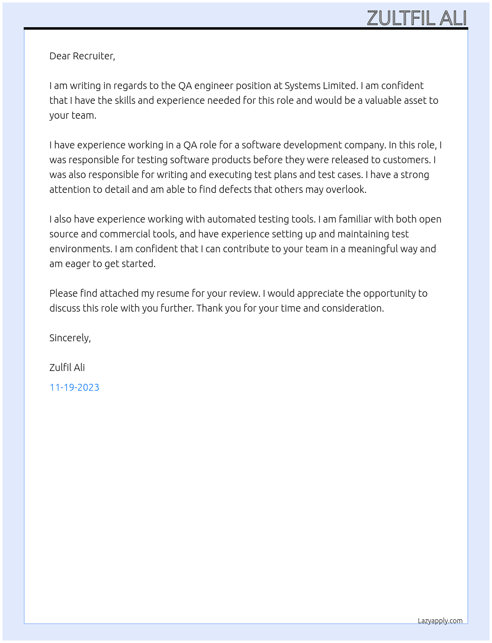 Qa engineer At Systems limited Cover Letter