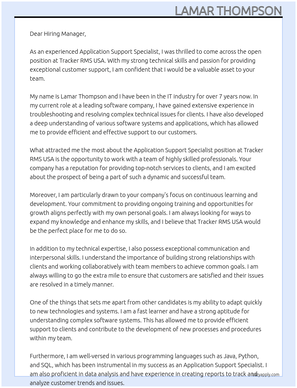Application Support Specialist At Tracker RMS USA Cover Letter