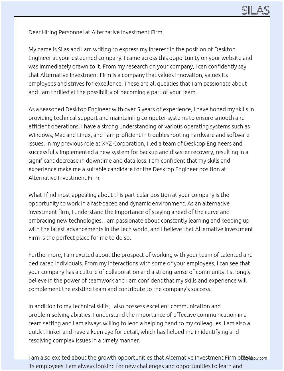 Desktop Engineer At alternative investment firm Cover Letter