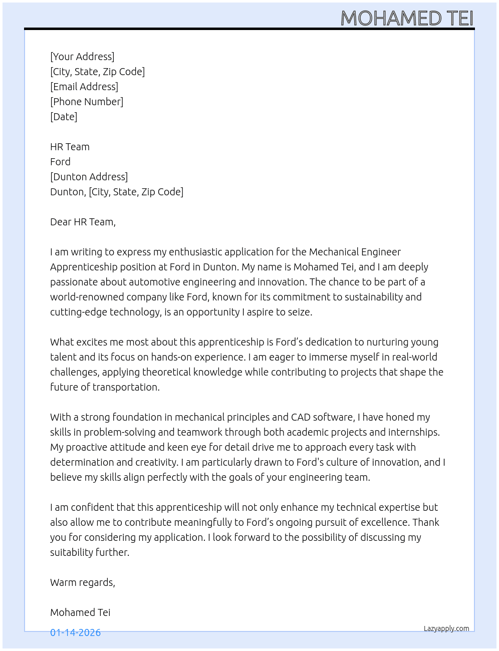 Mechanical engineer apprenticeship At Ford  Cover Letter