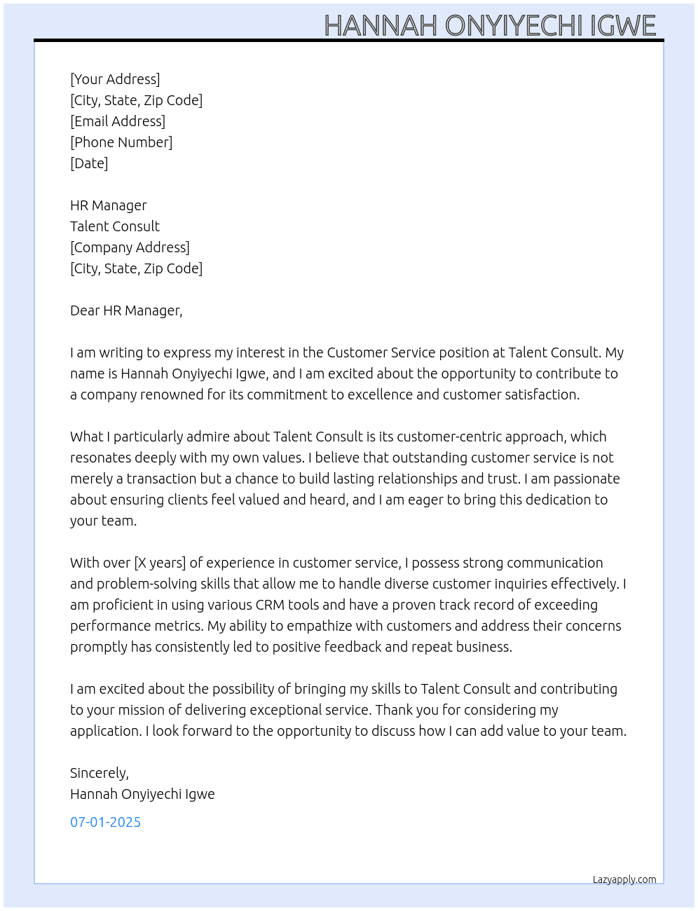 Customer Service  At Talent Consult  Cover Letter
