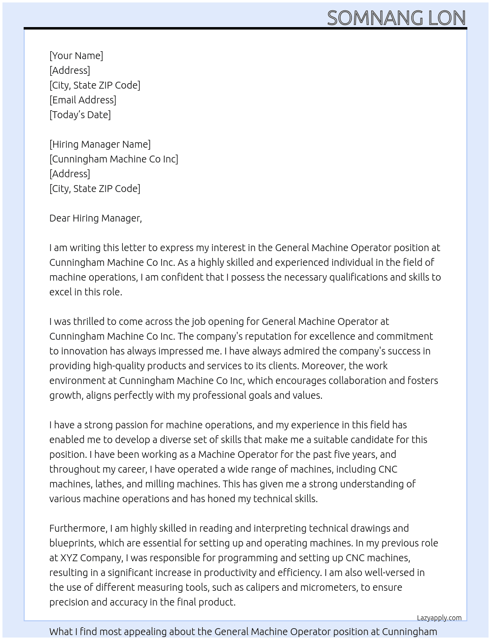 General Machine Operator  At Cunningham Machine Co Inc Cover Letter