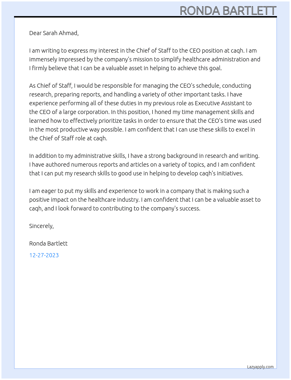 Chief of Staff to the CEO At caqh Cover Letter