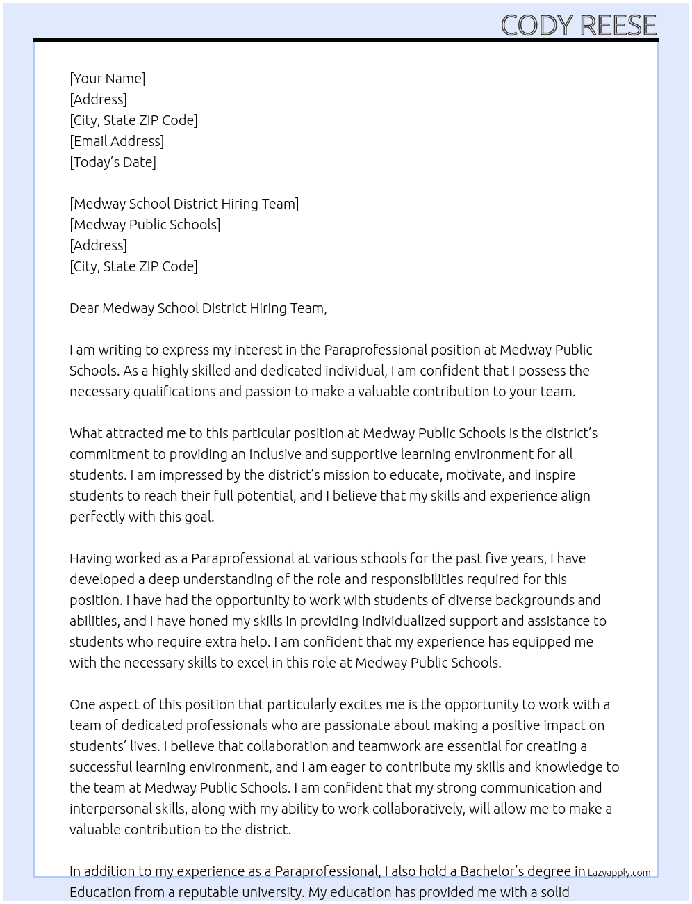 Paraprofessional  At Medway Public Schools  Cover Letter