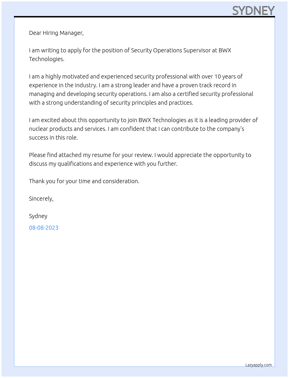 Security Operations Supervisor At BWX Technologies Cover Letter