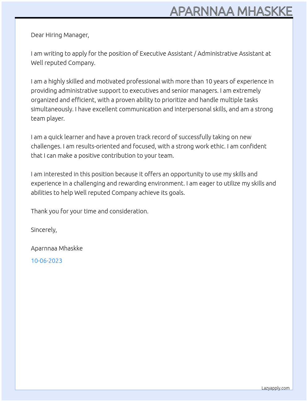 Executive Assistance / Administrative At Well reputed Company  Cover Letter