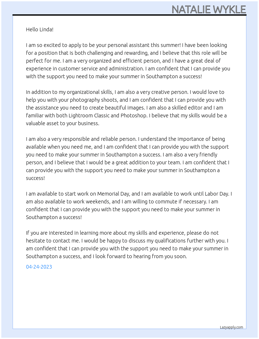 Personal Assistant At Linda Pearlman Cover Letter