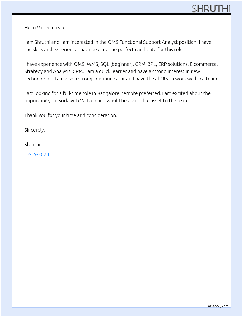 OMS Functional Support Analyst At Valtech Cover Letter