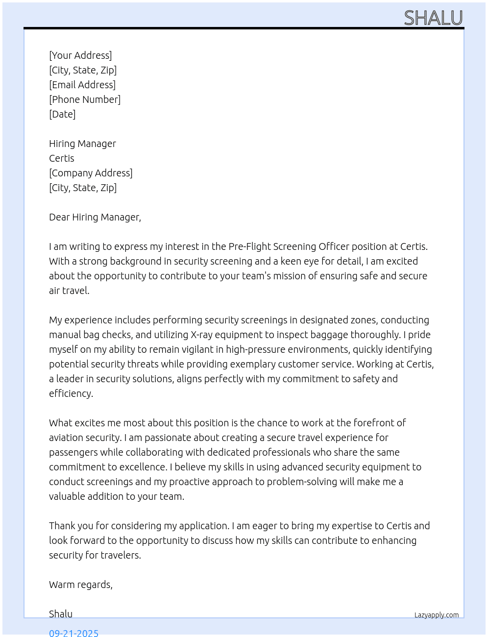 Pre-flight Screening Officer At certis Cover Letter