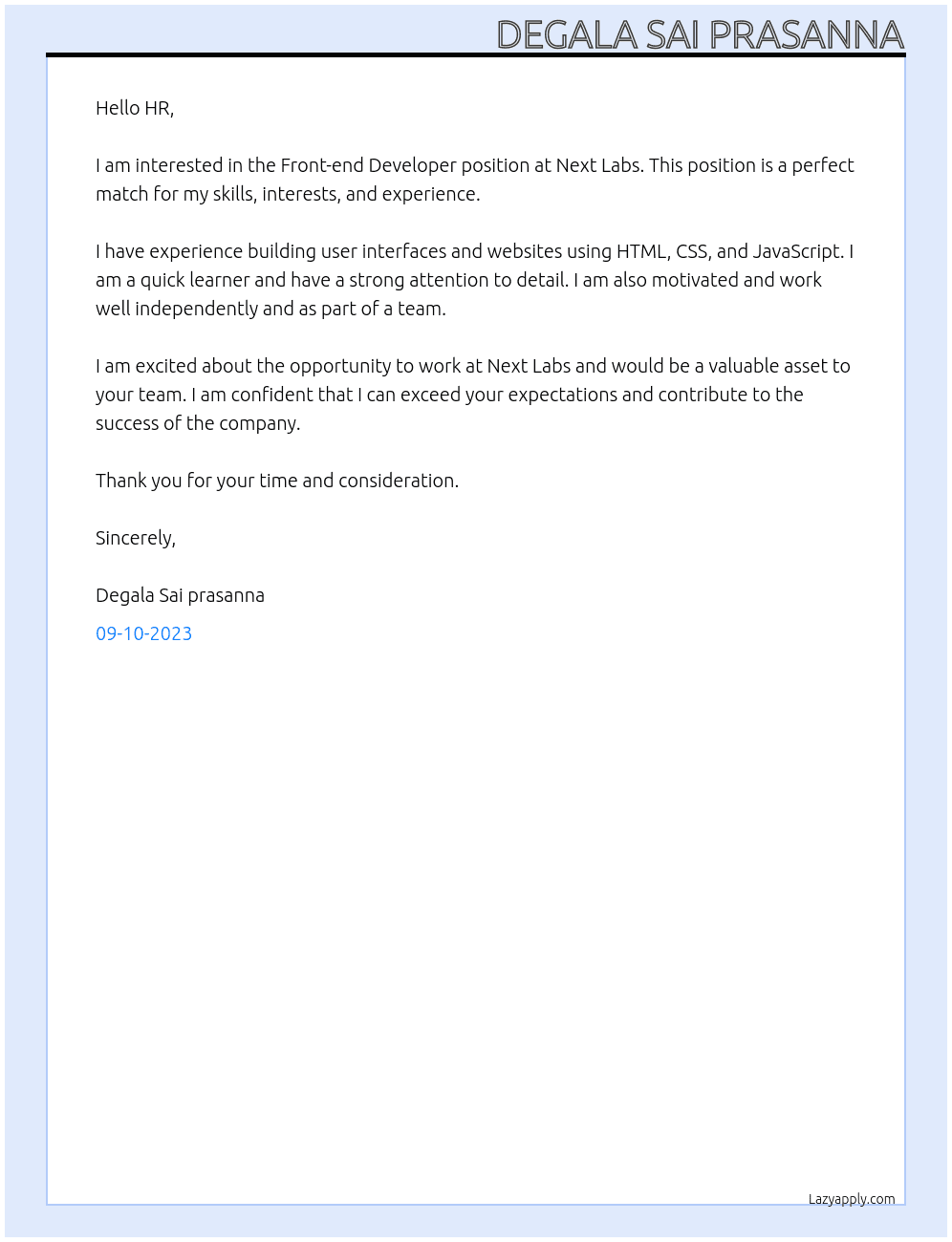  Front-end Developer At Next Labs Cover Letter