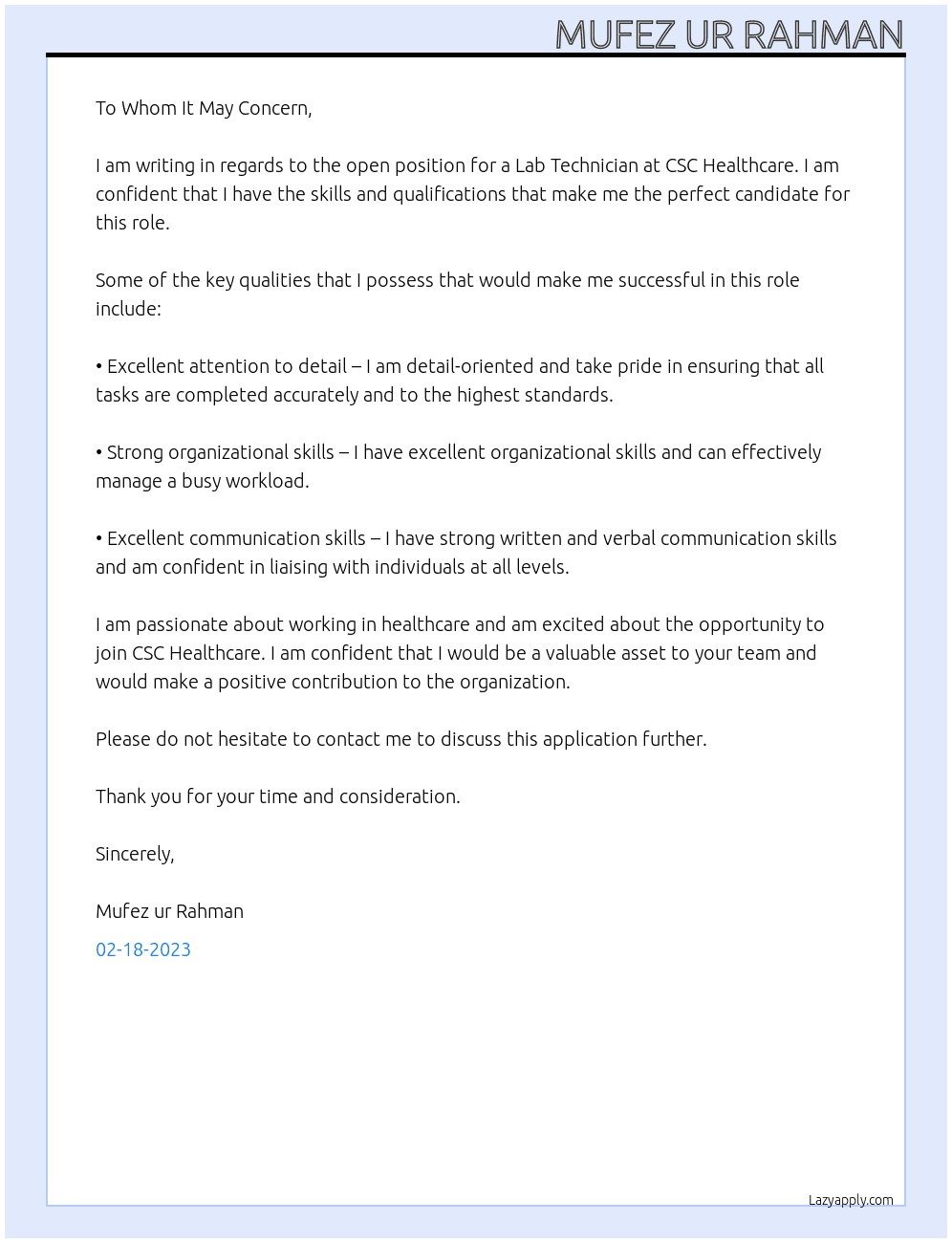 Lab technician At CSC healthcare Cover Letter